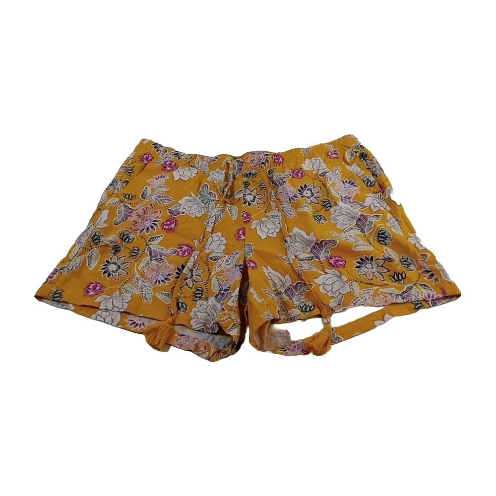 St Johns Bay Womens XL Shorts Yellow Floral High Waist Flat Front Summer Casual